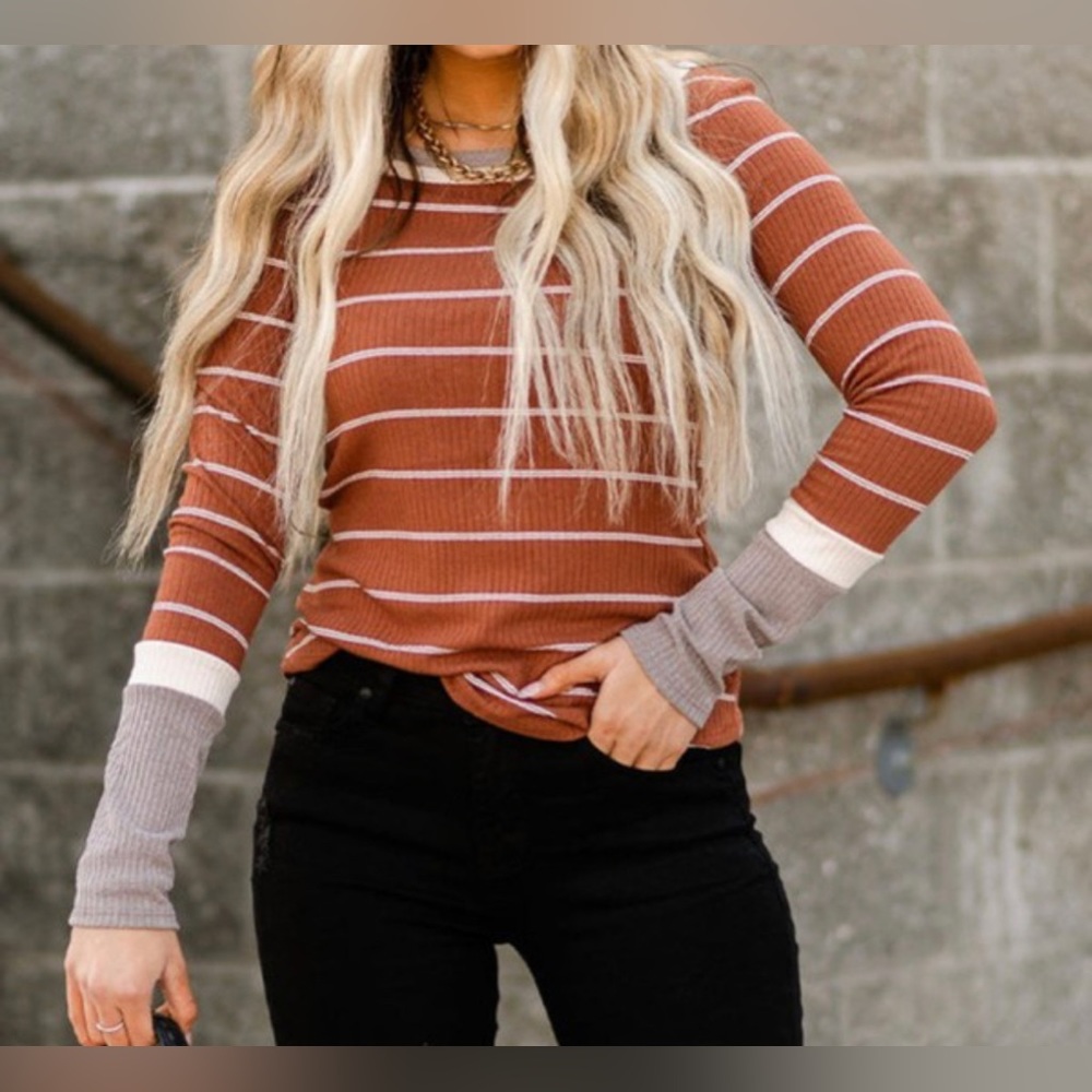 Fall Rust Striped Ribbed Knit Longsleeve